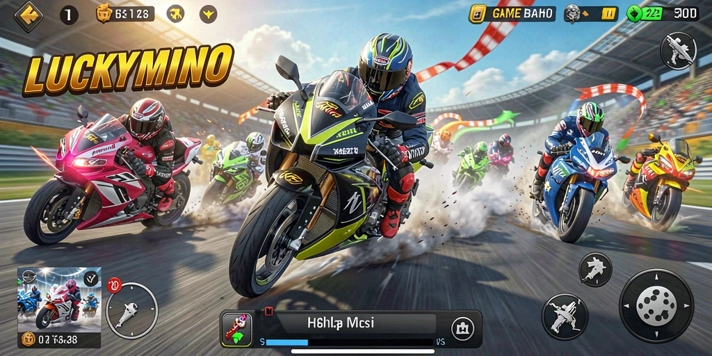 Gameplay LUCKYMINO menampilkan balapan motor yang seru dan mendebarkan.