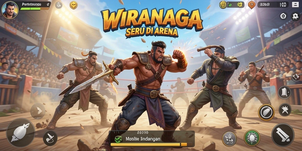 Tampilan gameplay seru dengan karakter bertarung di arena.